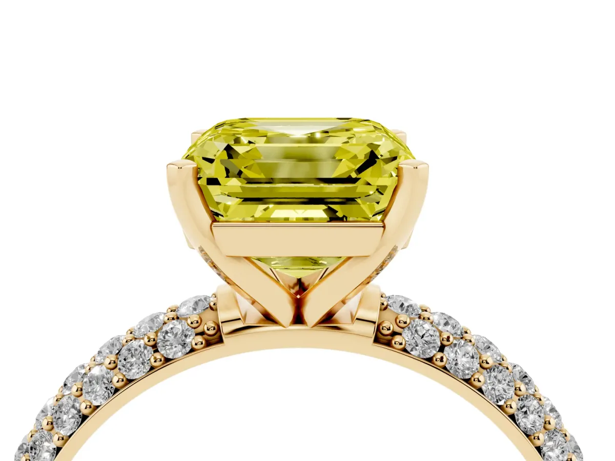 Fancy Yellow Asscher Cut Diamond Solitaire Ring with Prong Setting and Pavé Band Yellow gold