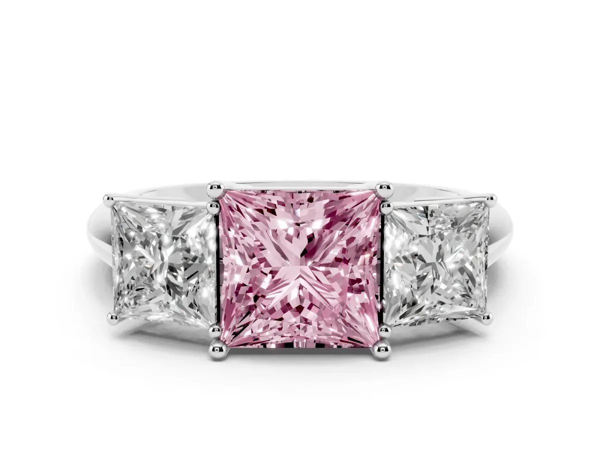 Fancy Pink Three-Stone Princess Cut Cut Diamond Engagement Ring with Prong Setting on a White Gold Band Platinum