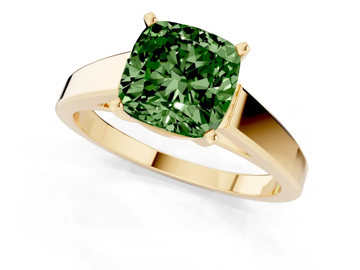 Fancy Green Cushion Cut Solitaire Engagement Ring with Four-Prong Setting and Tapered Band Yellow gold