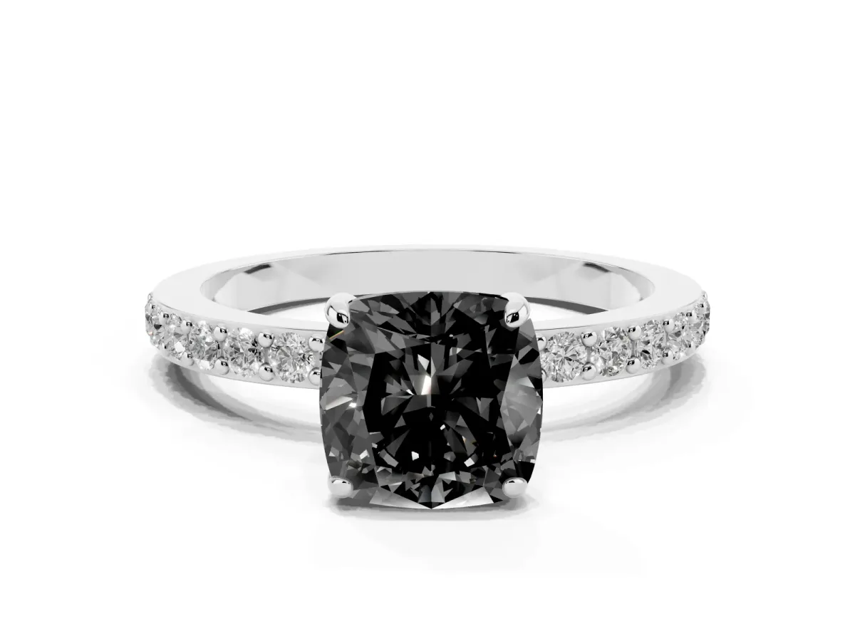 Fancy Black Cushion Cut Diamond Solitaire Engagement Ring with Pavé Band and Four-Prong Setting Silver