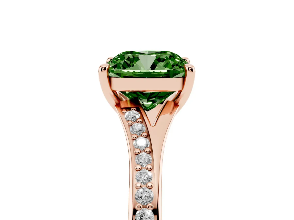 Fancy Green Cushion Cut Diamond Solitaire Ring with Pavé Band and Prong Setting Rose gold
