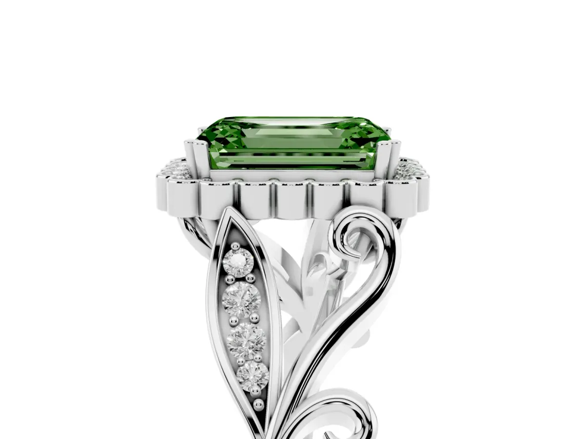 Fancy Green Emerald Cut Diamond Halo Ring with Vintage Split Shank and Four-Prong Setting Silver