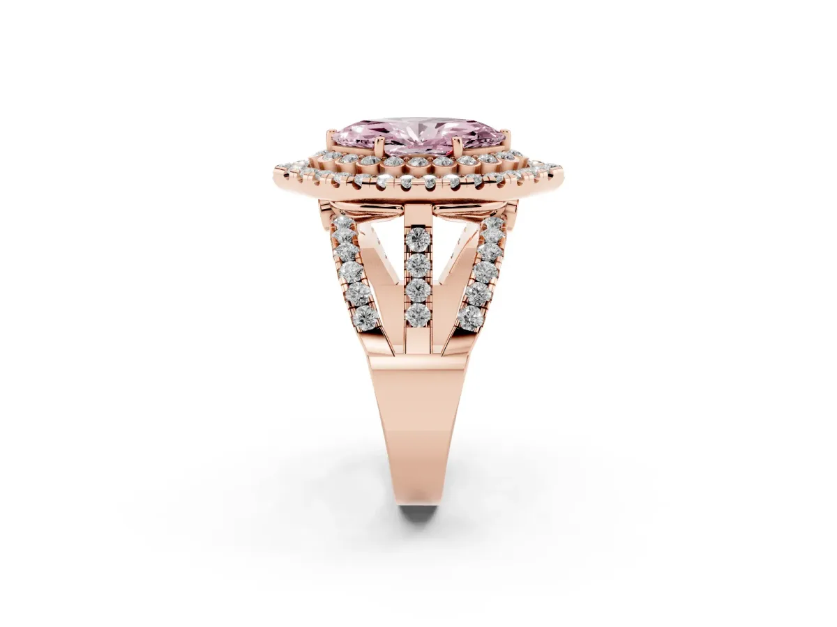 Fancy Pink Marquise Cut Diamond Double Halo Ring with Round Pavé Split Shank and Prong Setting Rose gold