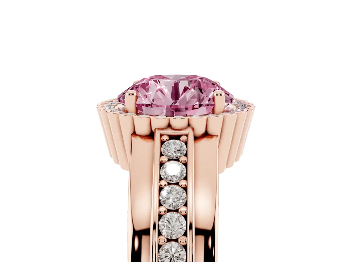 Fancy Pink Round Cut Cut Halo Pave Band Four-Prong Ring Rose gold