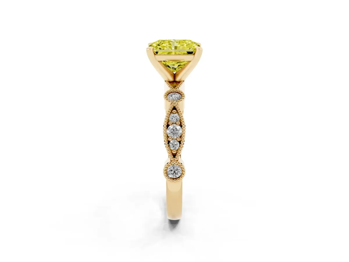 Fancy Yellow Radiant Cut Milgrain Bezel Diamond Engagement Ring with Solitaire Prong Setting Yellow gold