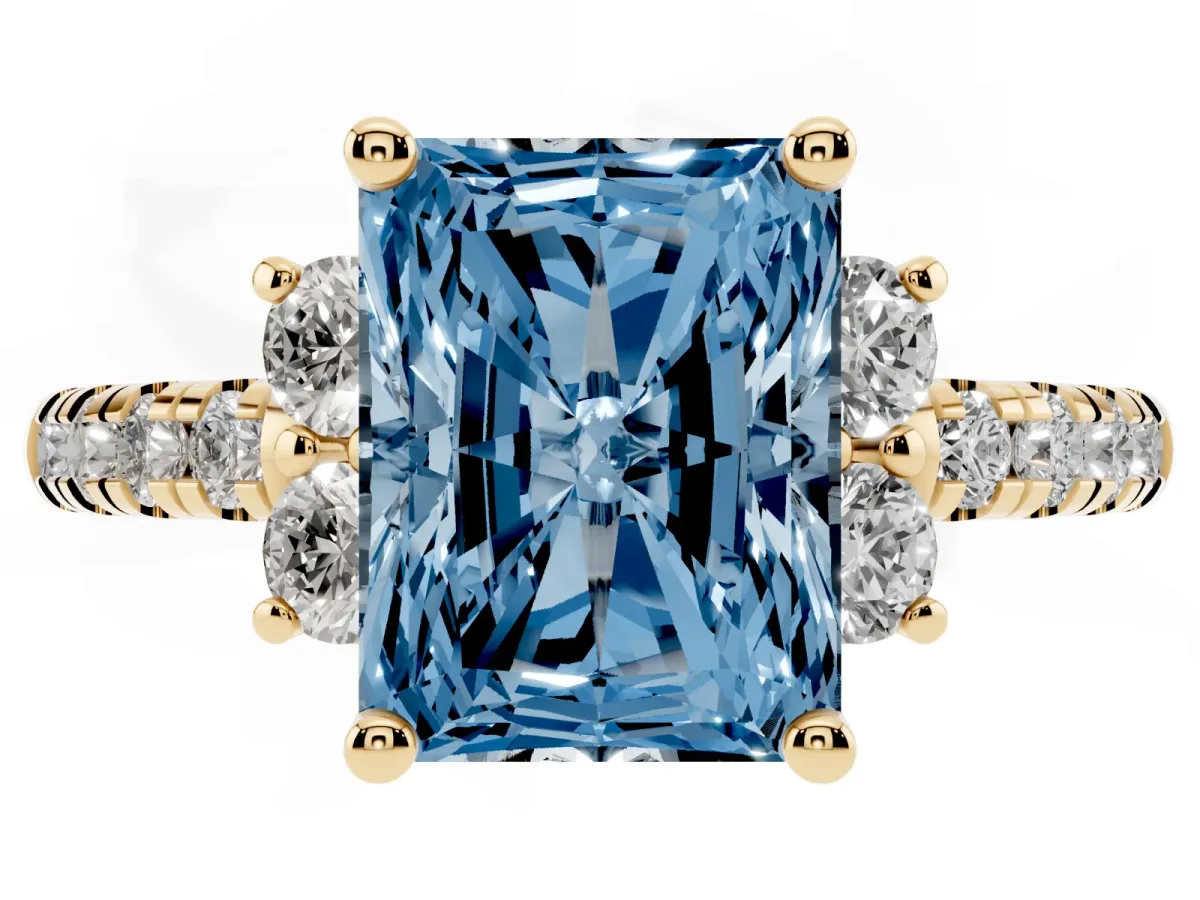 Fancy Blue Radiant Cut Diamond Three-Stone Pave Band with Four-Prong Setting Yellow gold