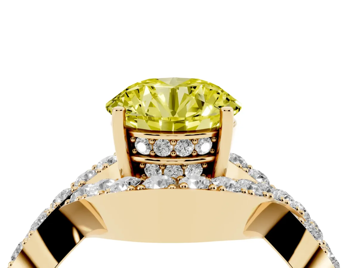 Fancy Yellow Round Cut Solitaire Twist Band Pavé Diamond Engagement Ring Yellow gold