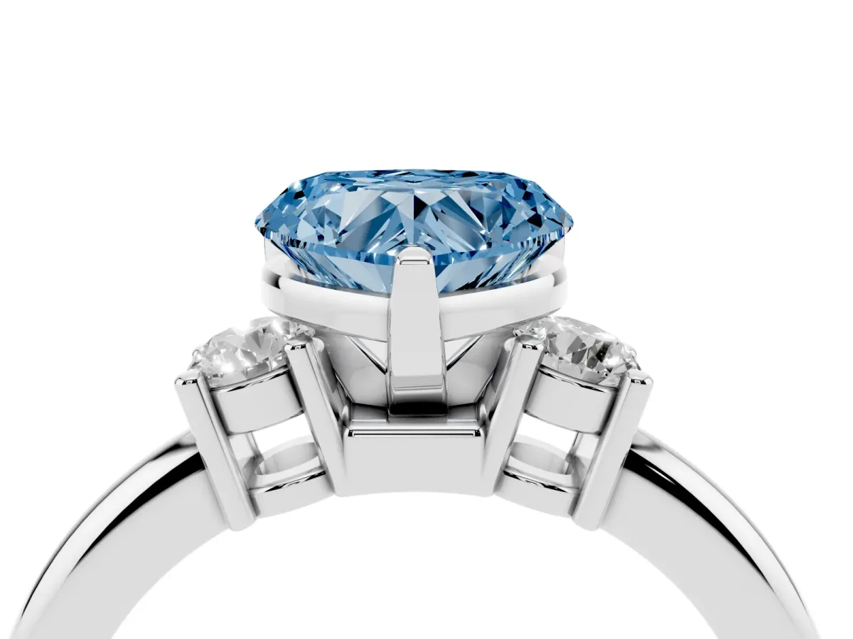 Fancy Blue Three-Stone Heart Cut Cut Diamond Solitaire with Prong Setting and Classic Band Silver