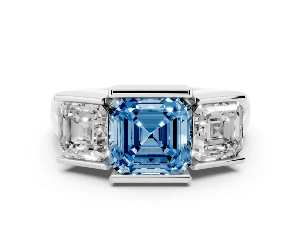 Fancy Blue Three Stone Asscher Cut Cut Channel Set Diamond Ring Platinum