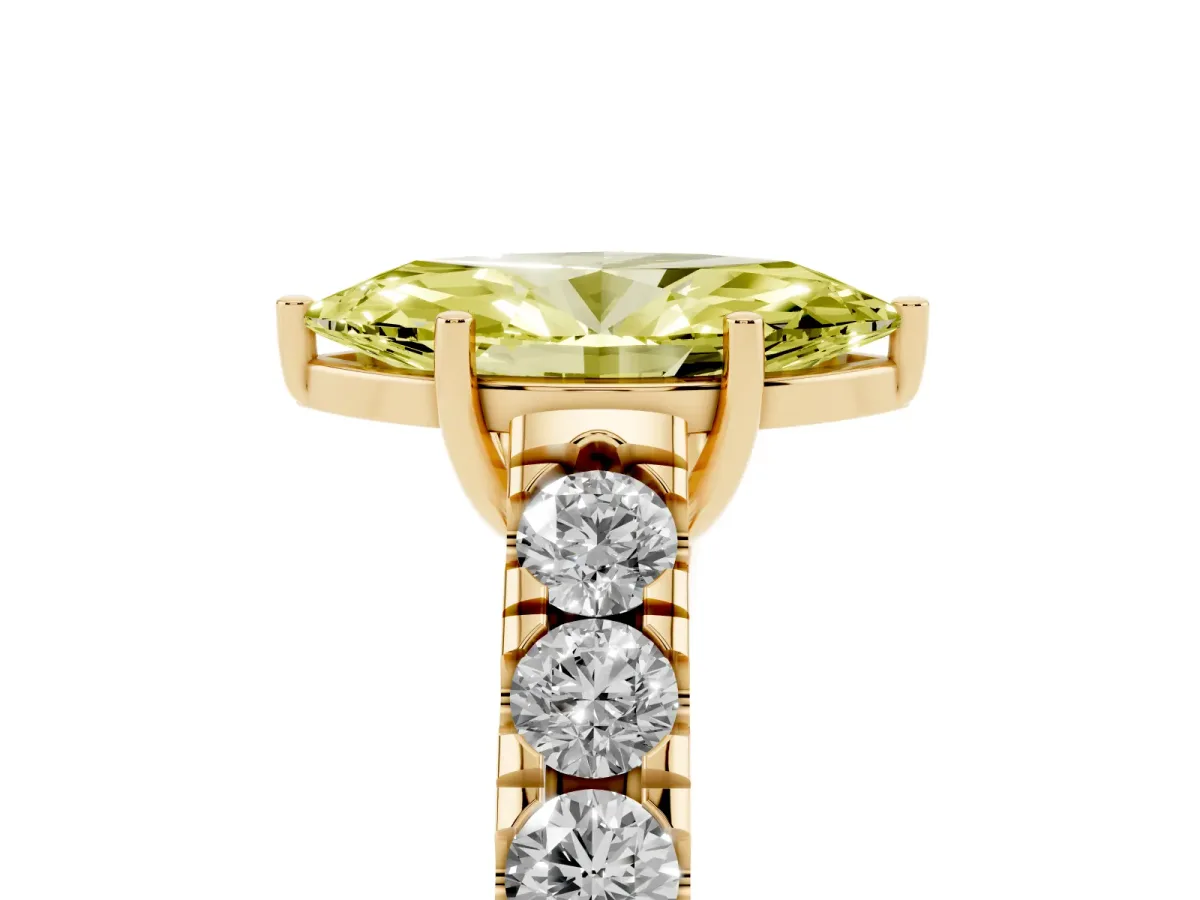 Fancy Yellow Marquise Cut Cut Diamond Solitaire Ring with Micro Pave Band and Prong Setting Yellow gold