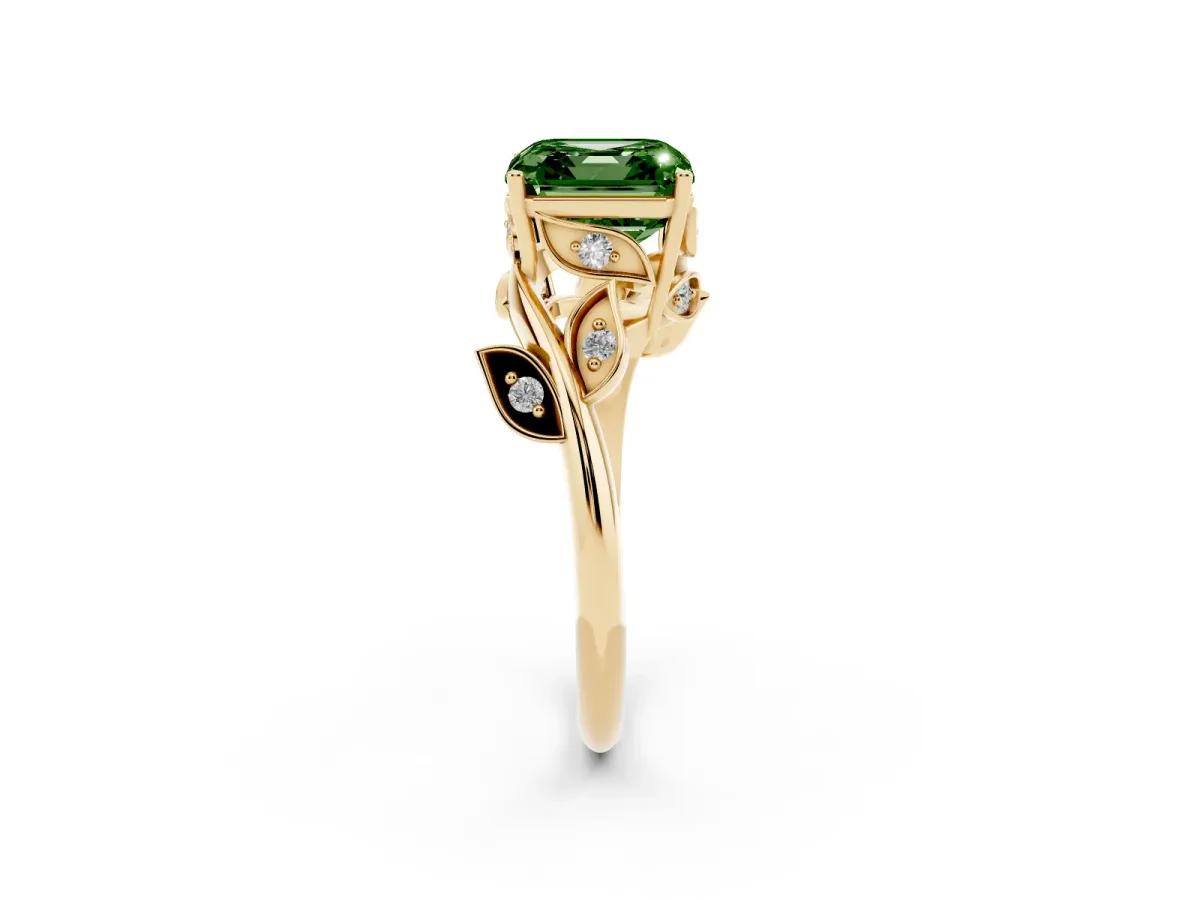 Fancy Green Asscher Cut Solitaire Twist Engagement Ring with Leaf Accents and Prong Setting Yellow gold