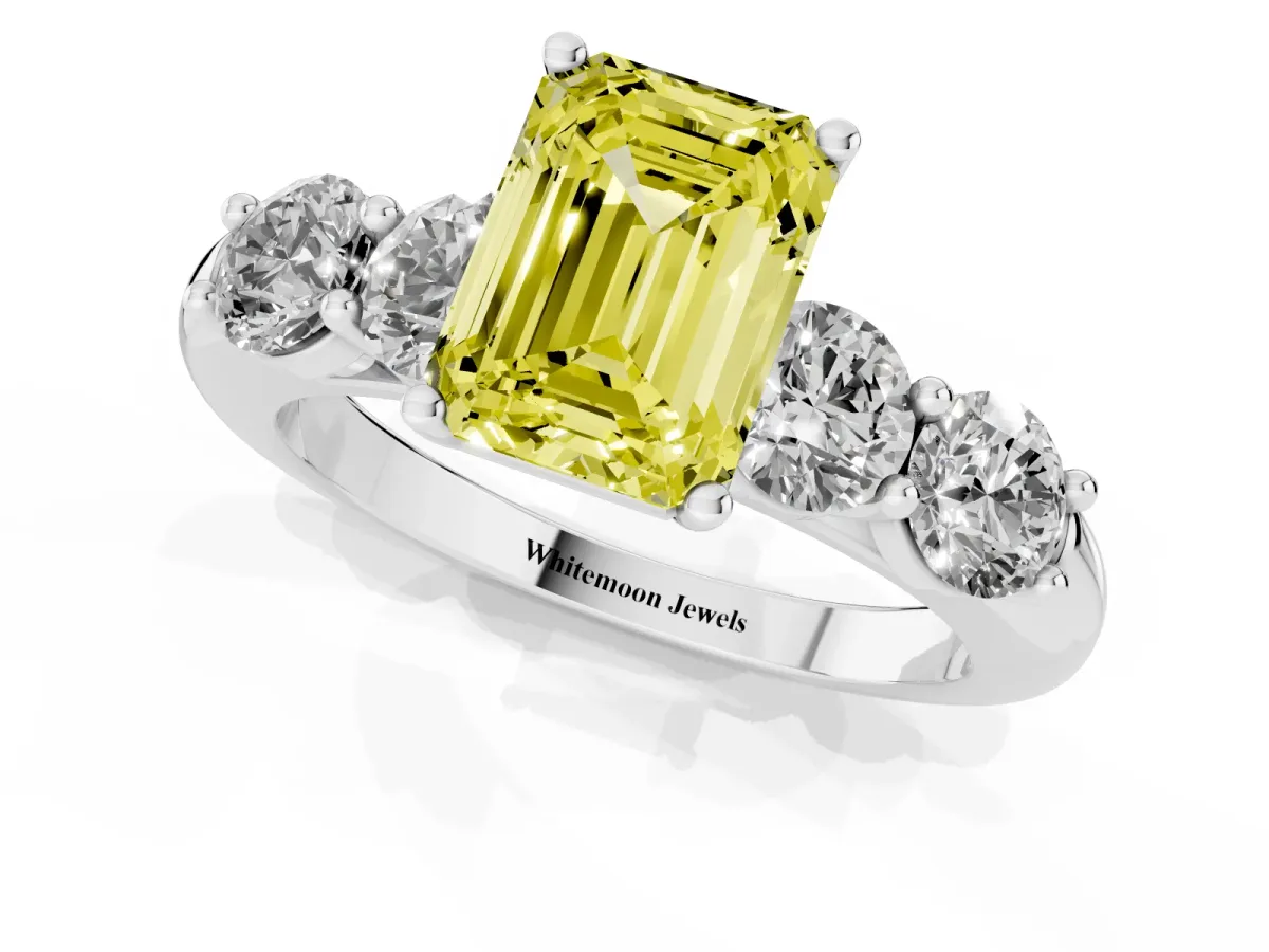 Fancy Yellow Emerald Cut Cut Five-Stone Prong Set Diamond Ring with Classic Band Platinum
