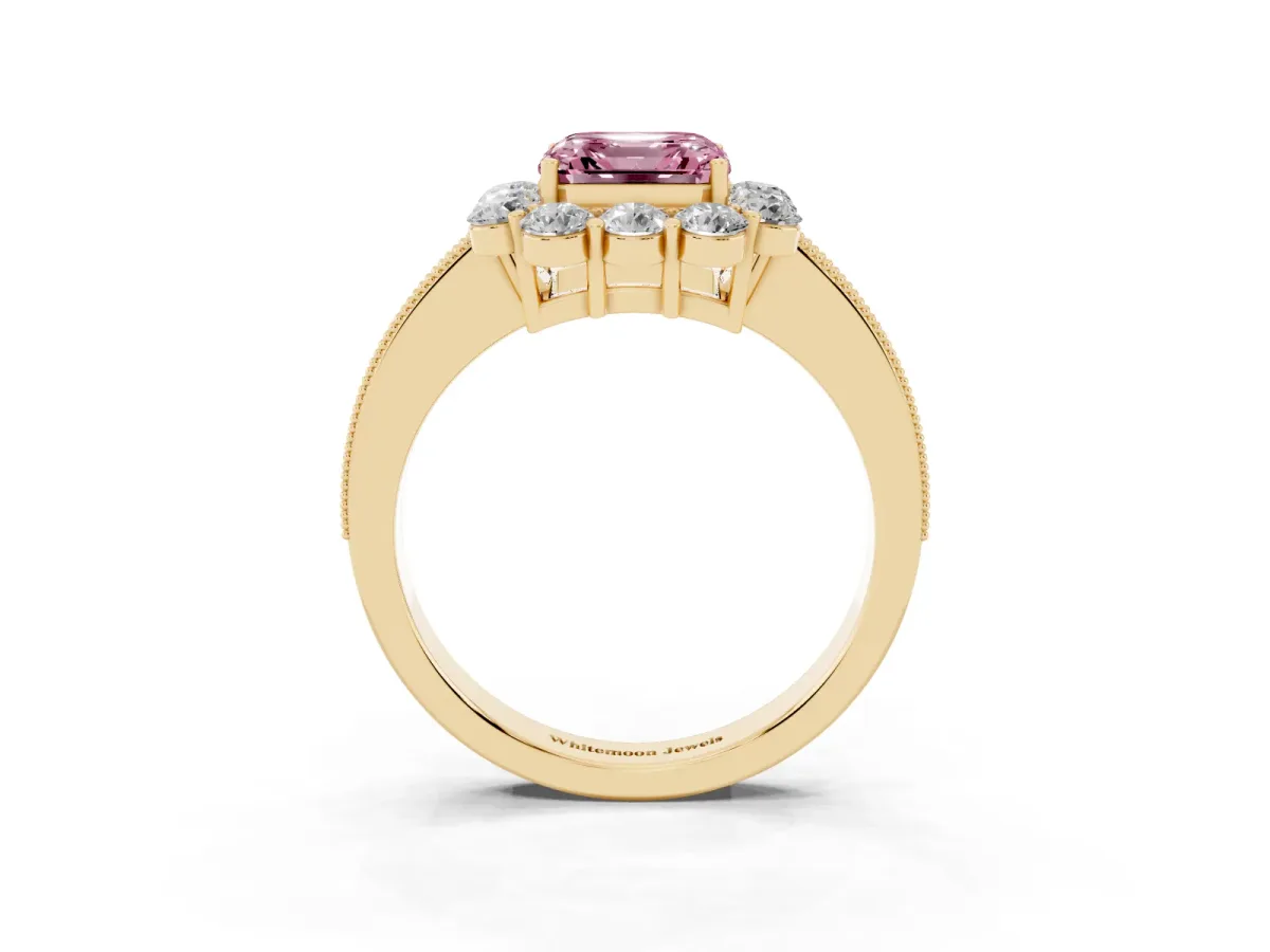 Fancy Pink Asscher Cut Cut Halo Diamond Pavé Engagement Ring with Milgrain Detailing Yellow gold