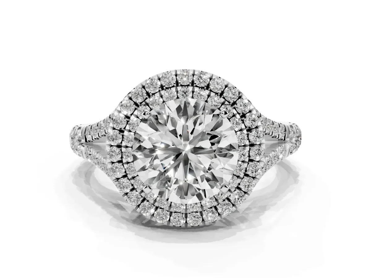 Round Cut Cut Double Halo Split Shank Diamond Ring with Prong Setting Silver