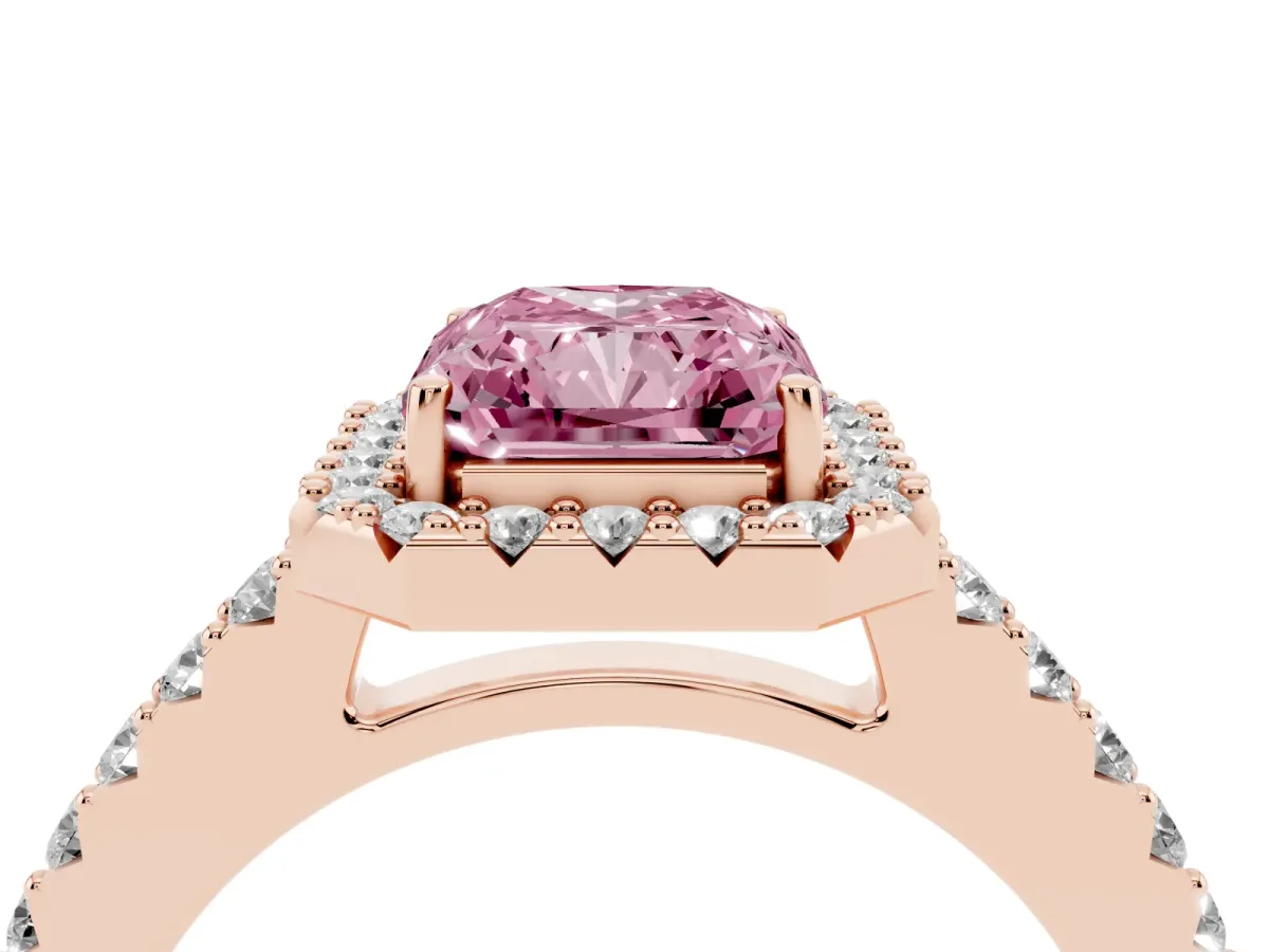 Fancy Pink Radiant Cut Halo Diamond Pavé Solitaire Ring Rose gold