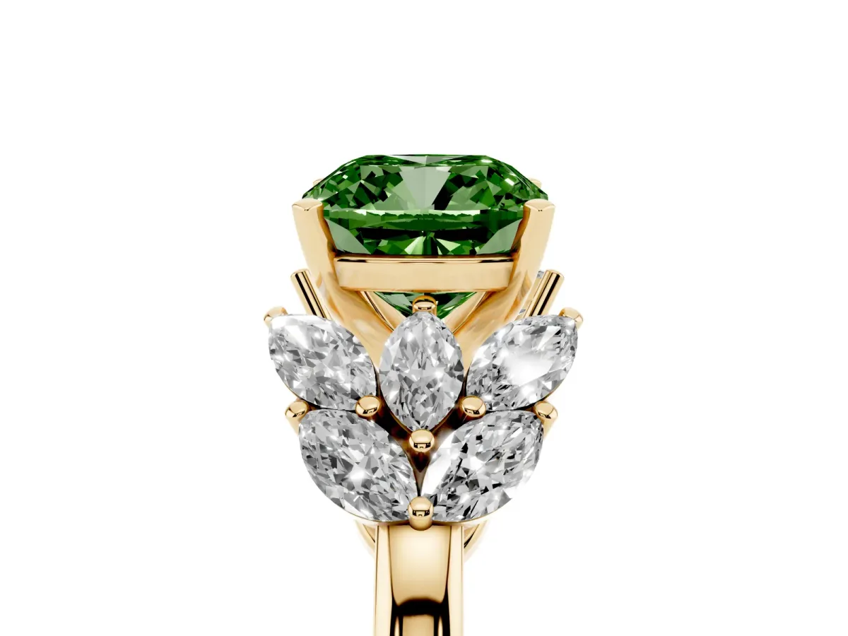 Fancy Green Cushion Cut Diamond Cluster Leaf Design Ring with Prong Setting Yellow gold