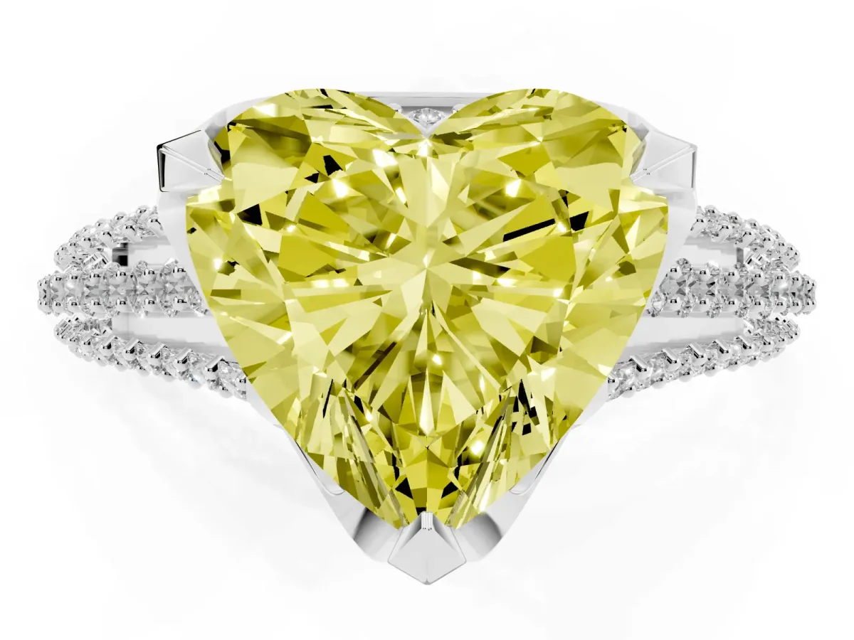 Fancy Yellow Heart Cut Solitaire Pave Split Shank Ring with Four-Prong Setting Silver