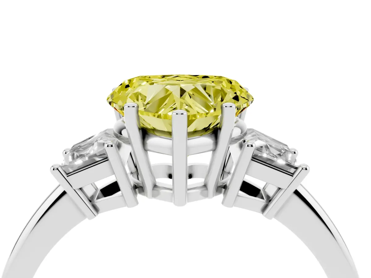 Fancy Yellow Heart Cut Diamond Three-Stone Ring with Trapezoid Side Stones and Prong Setting Silver