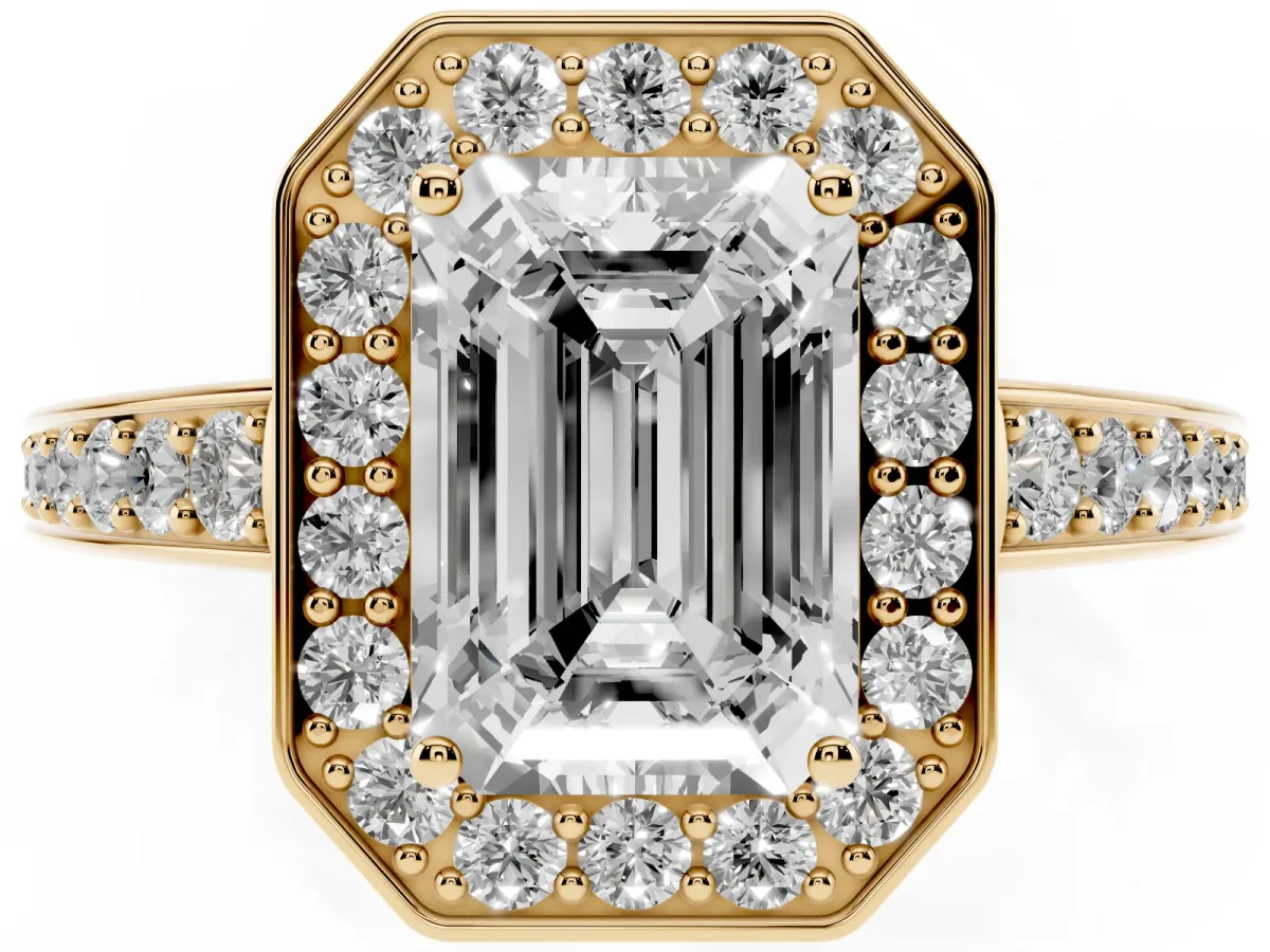 Emerald Cut Halo Pavé Diamond Engagement Ring with Bezel Setting Yellow gold
