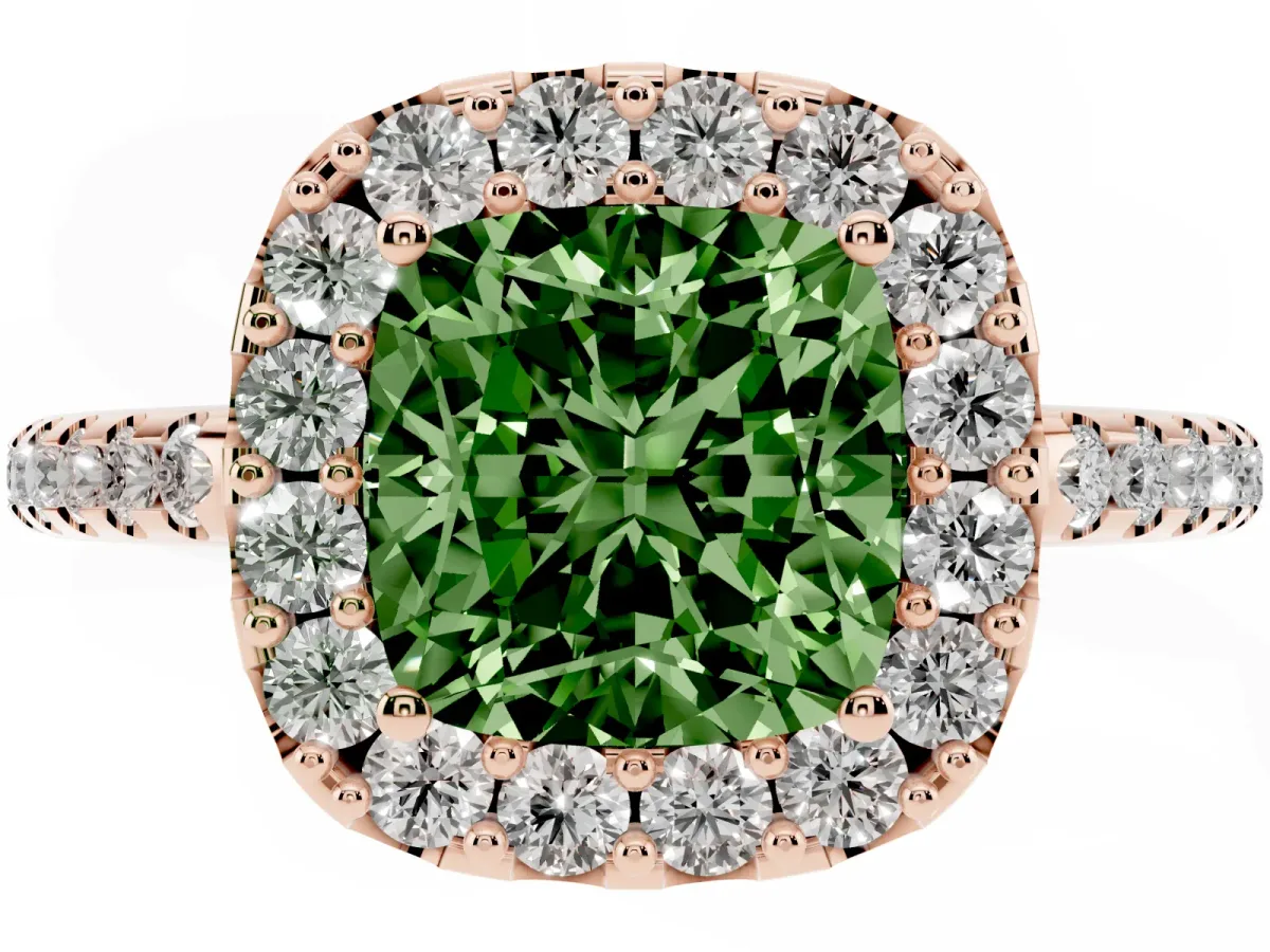 Fancy Green Cushion Cut Diamond Pavé Halo Ring with Four-Prong Setting Rose gold