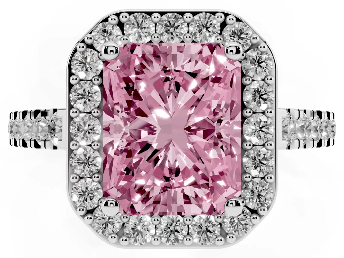 Fancy Pink Radiant Cut Diamond Halo Ring with Round Pavé Split Shank and Prong Setting Silver
