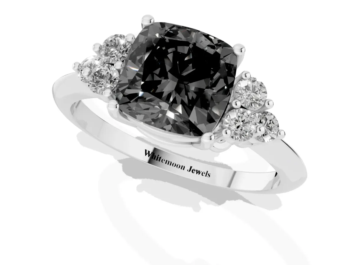 Fancy Black Cushion Cut Cut Diamond Cluster Ring with Solitaire Band and Four-Prong Setting Silver