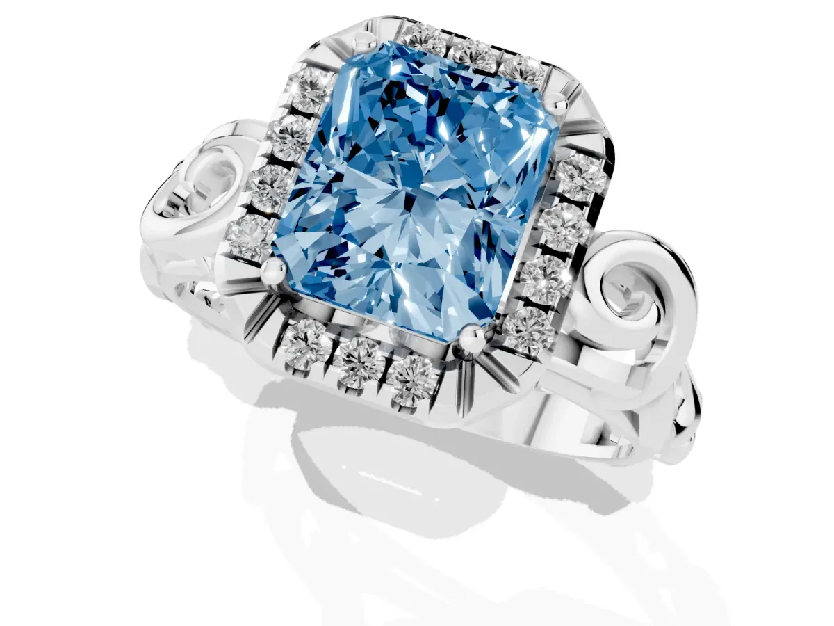 Fancy Blue Radiant Cut Cut Halo Diamond Ring with Scrollwork Band and Four-Prong Setting Silver