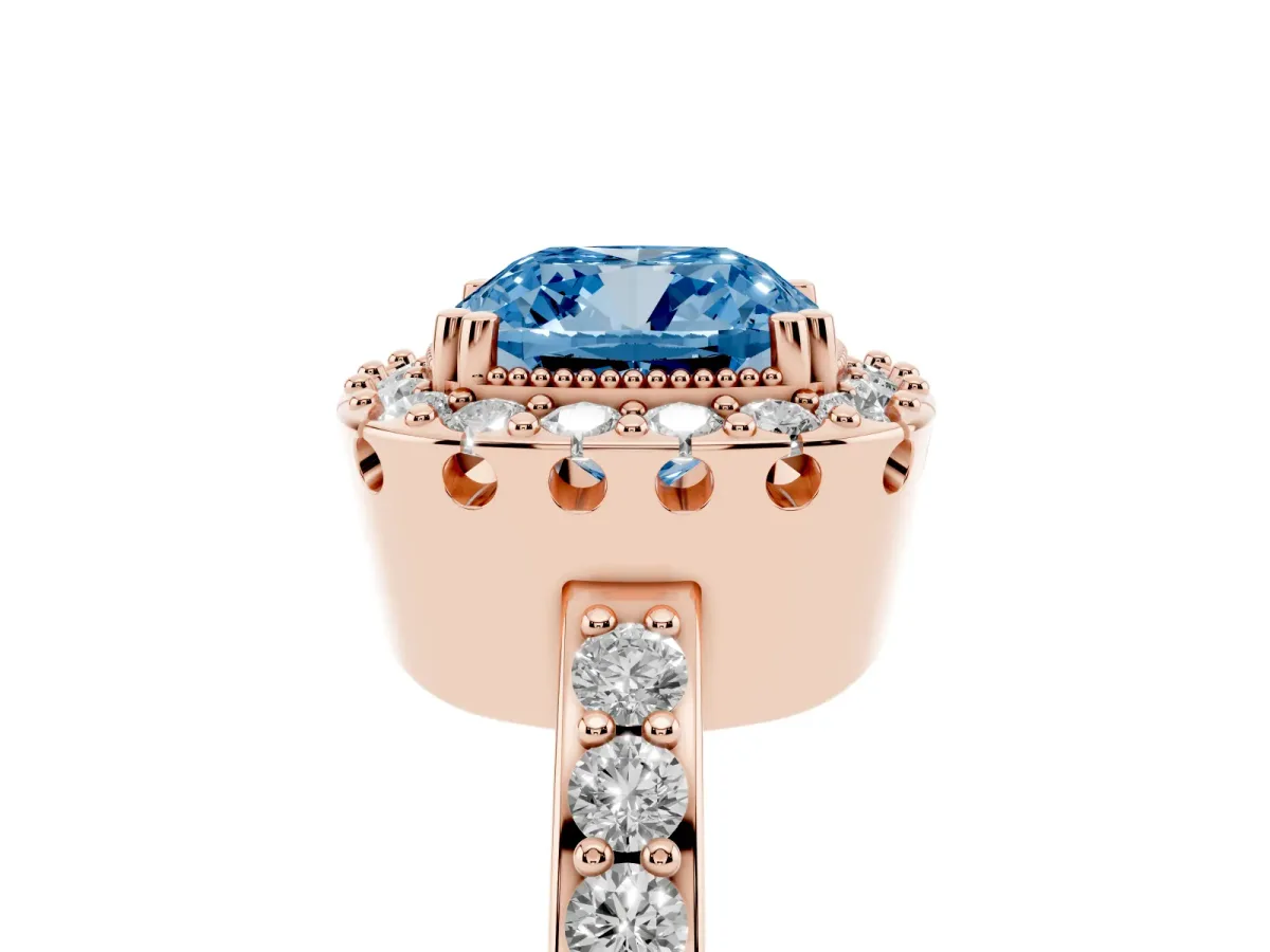 Fancy Blue Cushion Cut Diamond Halo Ring with Pavé Band and Prong Setting Rose gold