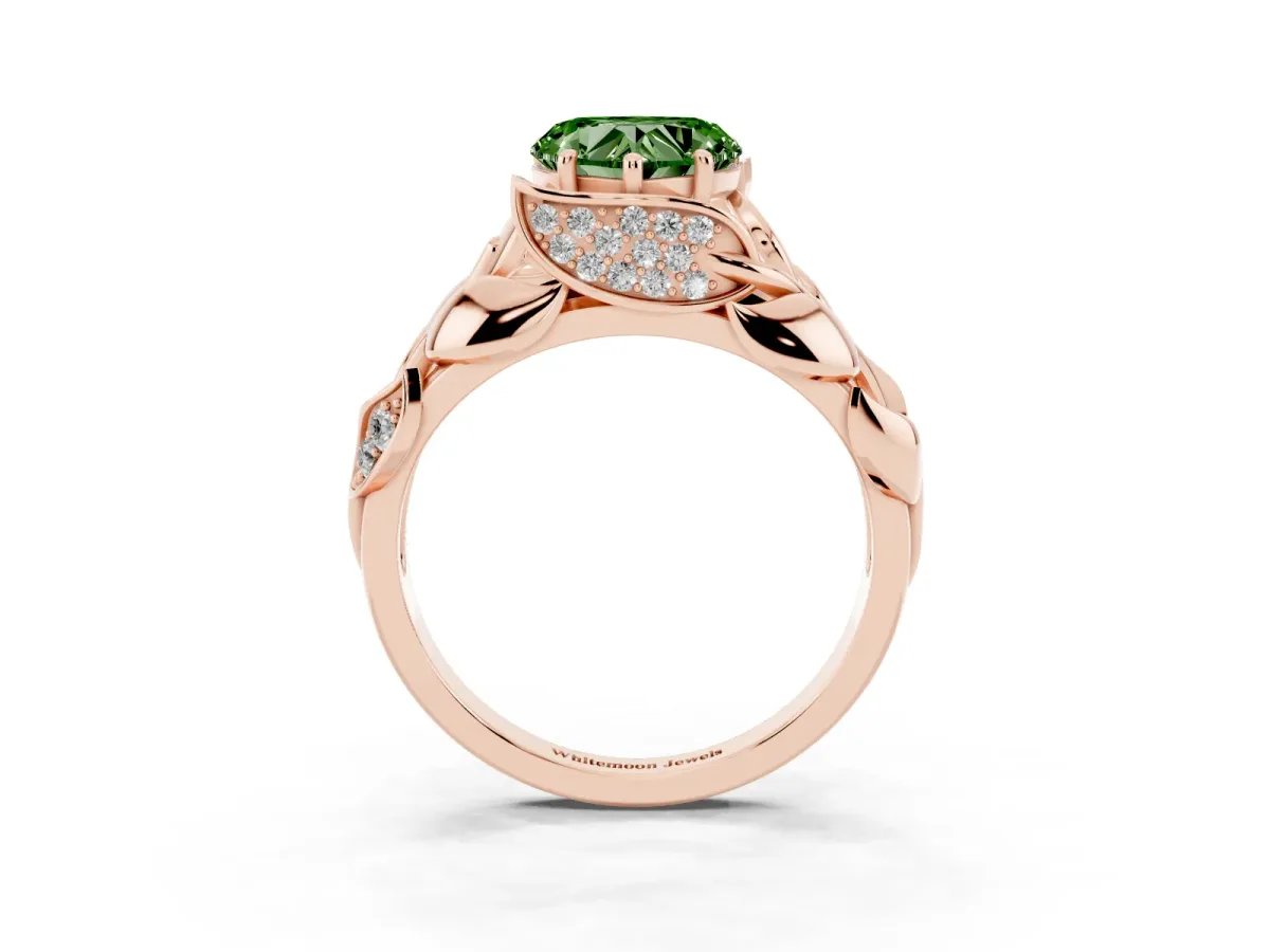 Fancy Green Heart Cut Diamond Leaf-Inspired Engagement Ring with Round Accents and Prong Setting Rose gold