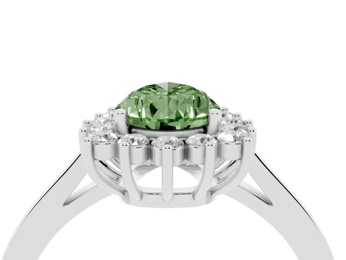 Fancy Green Pear Cut Cut Diamond Halo Ring with Round Brilliant Halo and Solitaire Band Silver