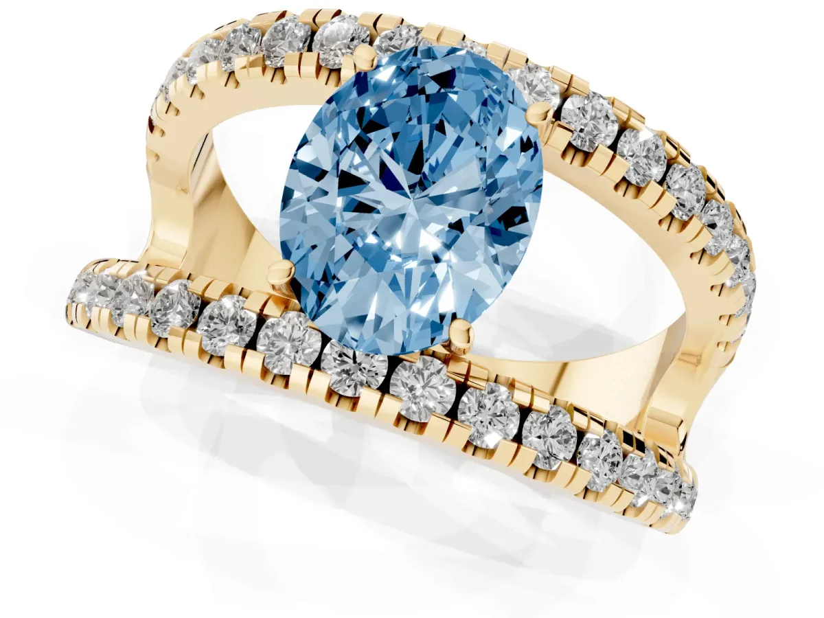 Fancy Blue Oval Cut Solitaire Split Shank Pave Diamond Ring Yellow gold