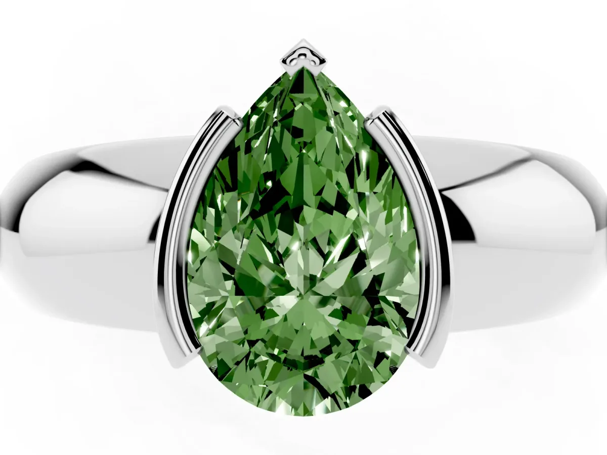 Fancy Green Pear Cut Solitaire Tension Set Diamond Ring with Wide Band Silver