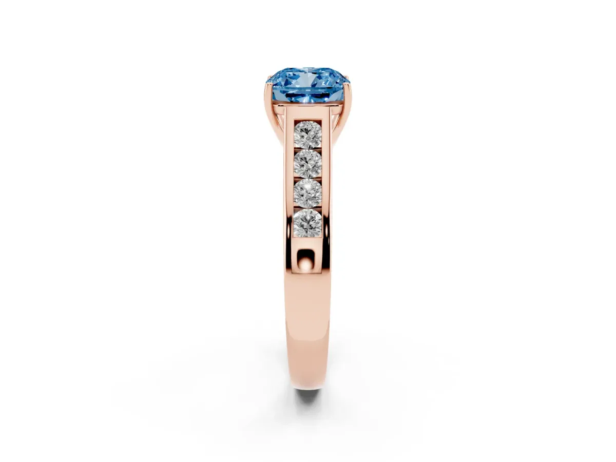 Fancy Blue Cushion Cut Brilliant Channel-Set Solitaire Ring with Four-Prong Setting Rose gold