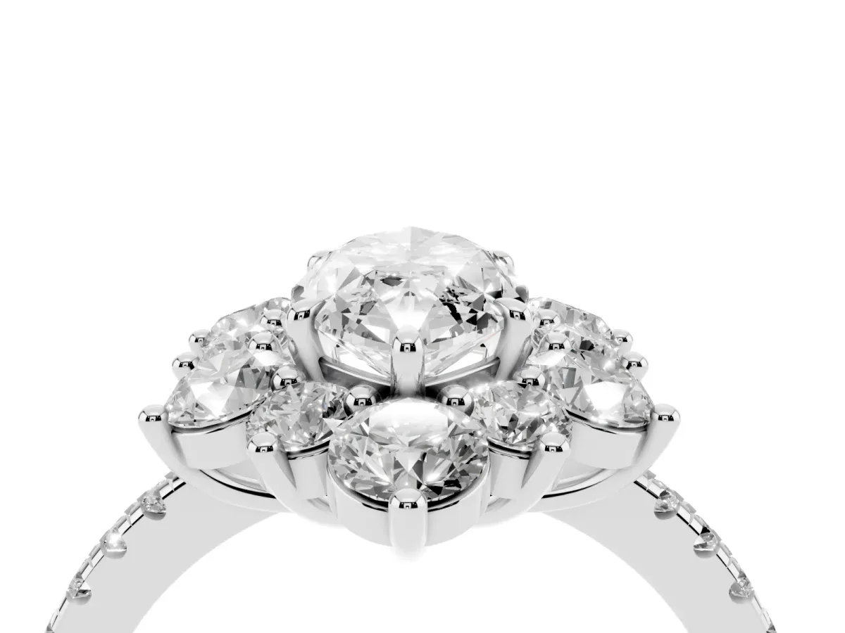 Marquise Cut Diamond Floral Halo Ring with Round Pavé Band and Prong Setting Silver