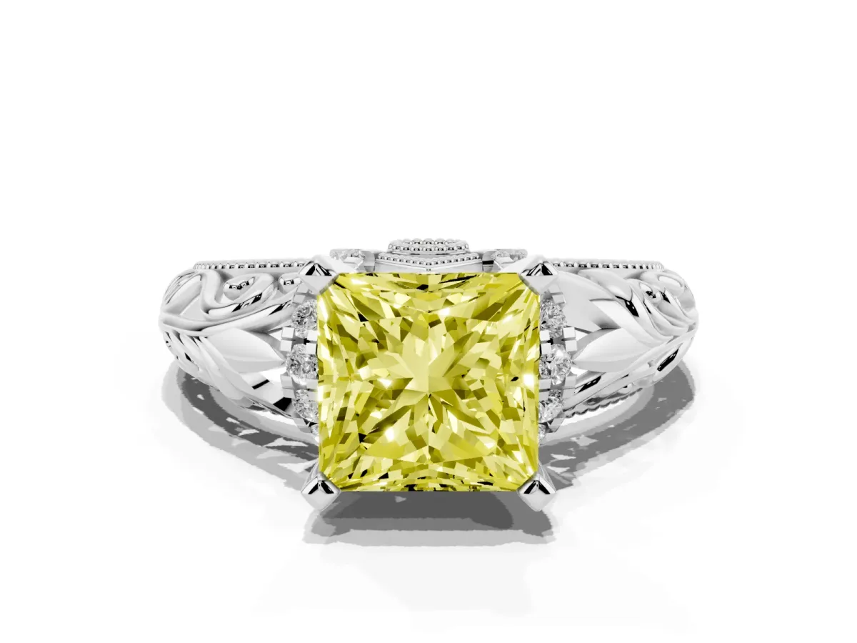 Fancy Yellow Princess Cut Solitaire Filigree Engagement Ring with Halo and Prong Setting White gold