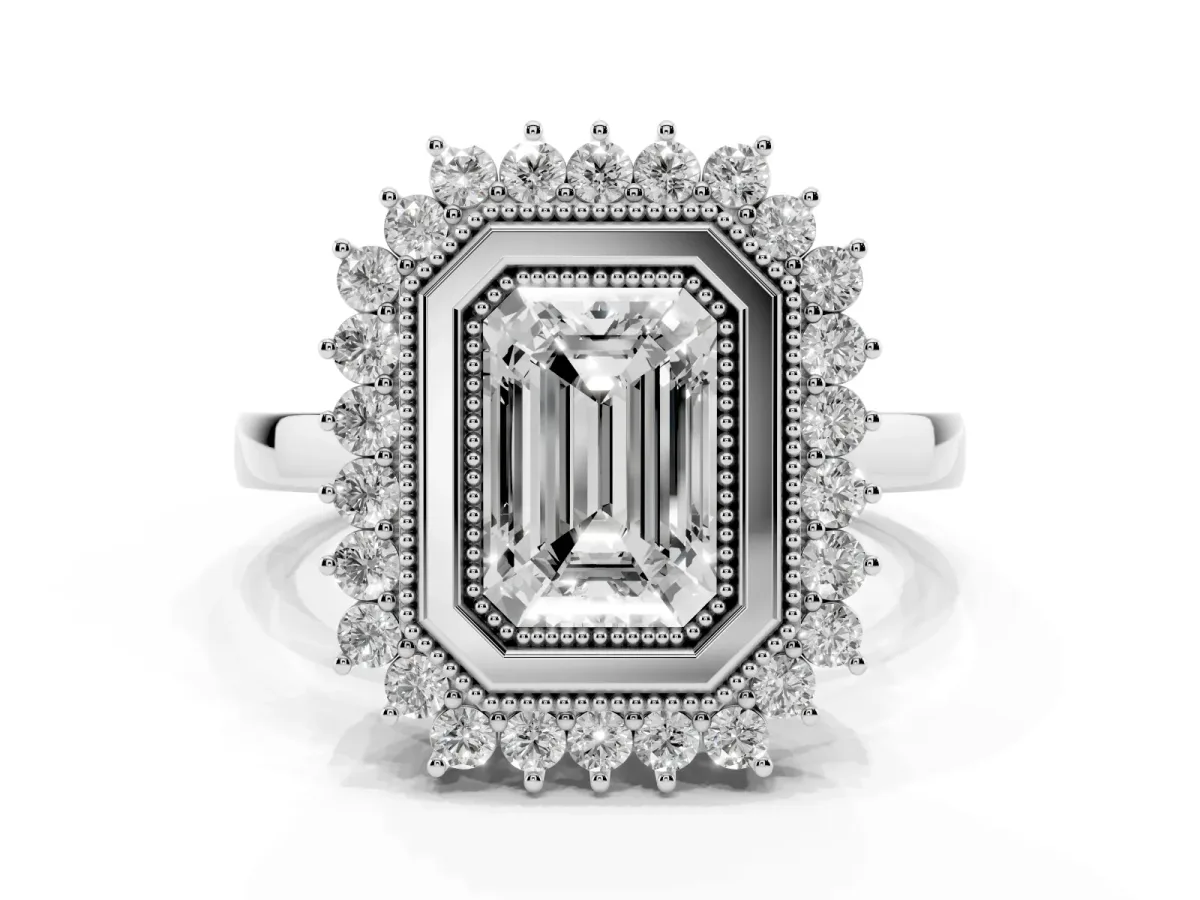 Emerald Cut Halo Diamond Ring with Milgrain Edge and Round Prong Setting Silver