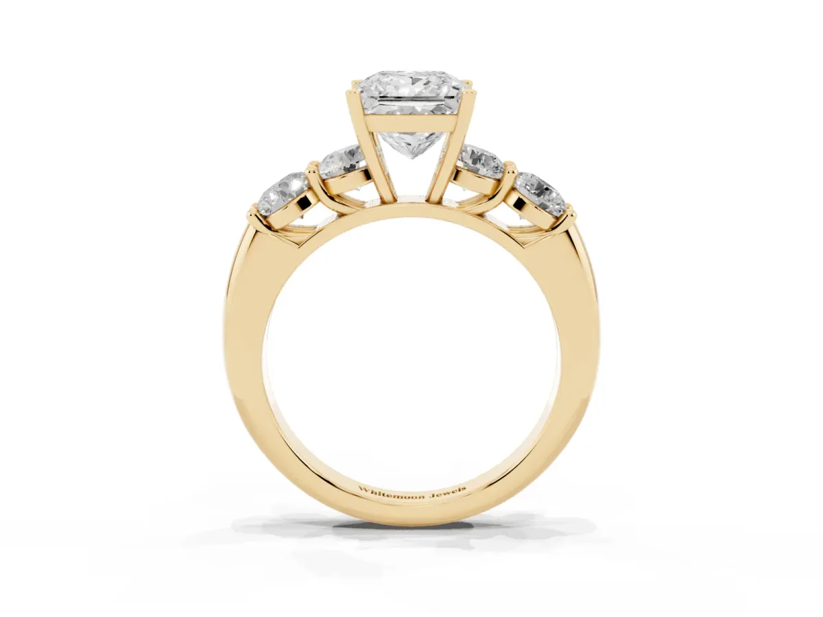 Princess Cut Cut Five-Stone Prong Set Diamond Ring with Classic Band Yellow gold