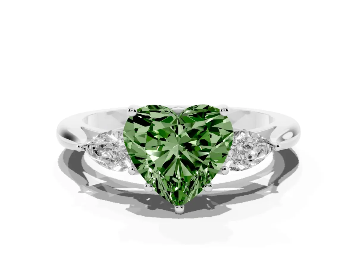 Fancy Green Heart Cut Diamond Three-Stone Ring with Pear Side Stones and Prong Setting Platinum