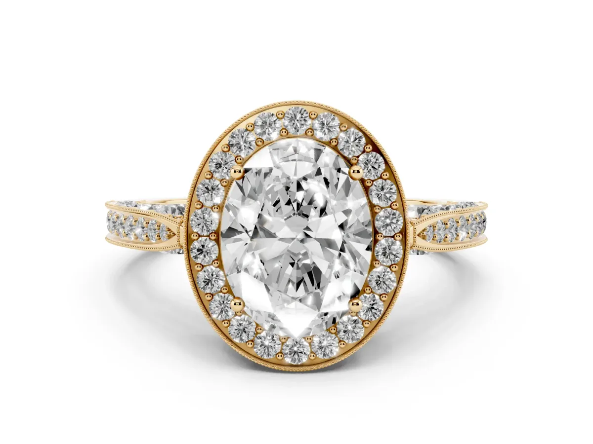 Oval Cut Halo Diamond Engagement Ring with Split Shank Band and Four-Prong Setting Yellow gold