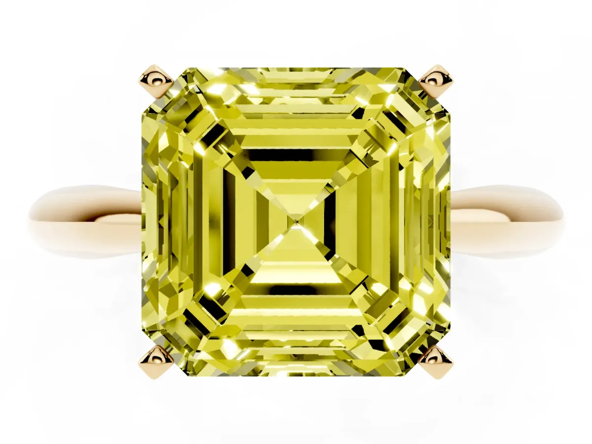 Fancy Yellow Asscher Cut Diamond Solitaire Engagement Ring with Cathedral Setting and Four-Prong Mount Yellow gold