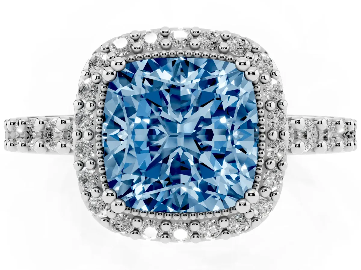 Fancy Blue Cushion Cut Cut Diamond Halo Engagement Ring with Milgrain Detail and Pavé Band Silver
