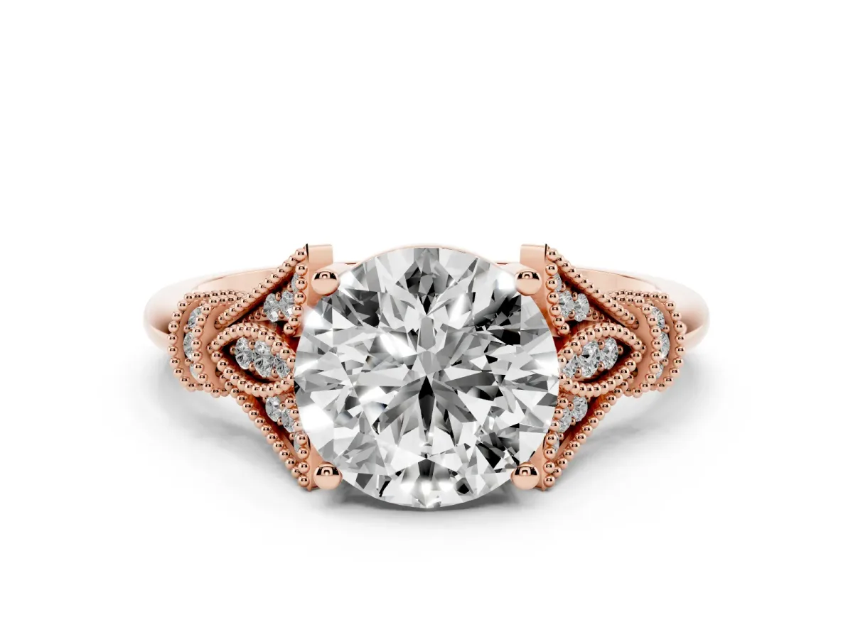 Round Cut Diamond Solitaire Ring with Floral Filigree and Pave Accents Rose gold