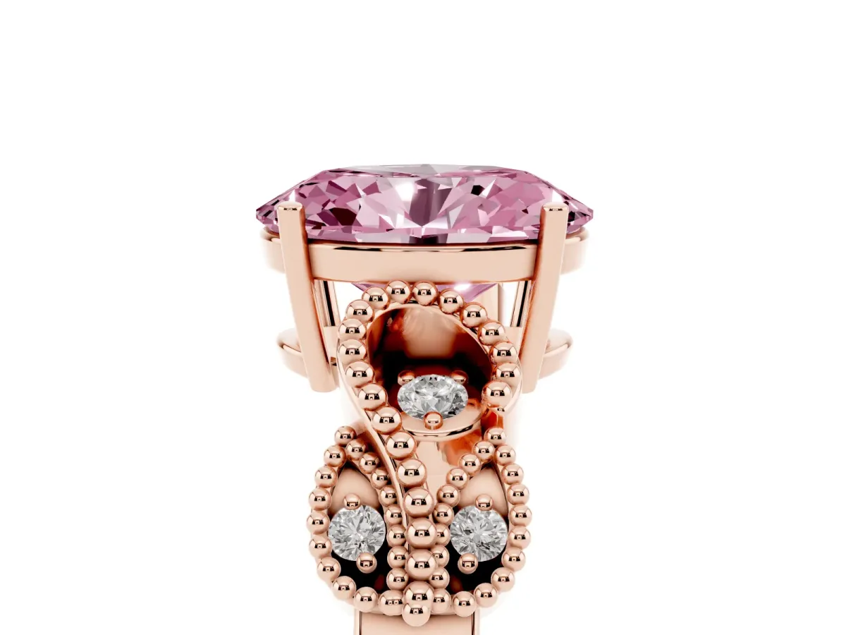 Fancy Pink Oval Cut Solitaire Milgrain Leaf Band with Prong Setting Rose gold