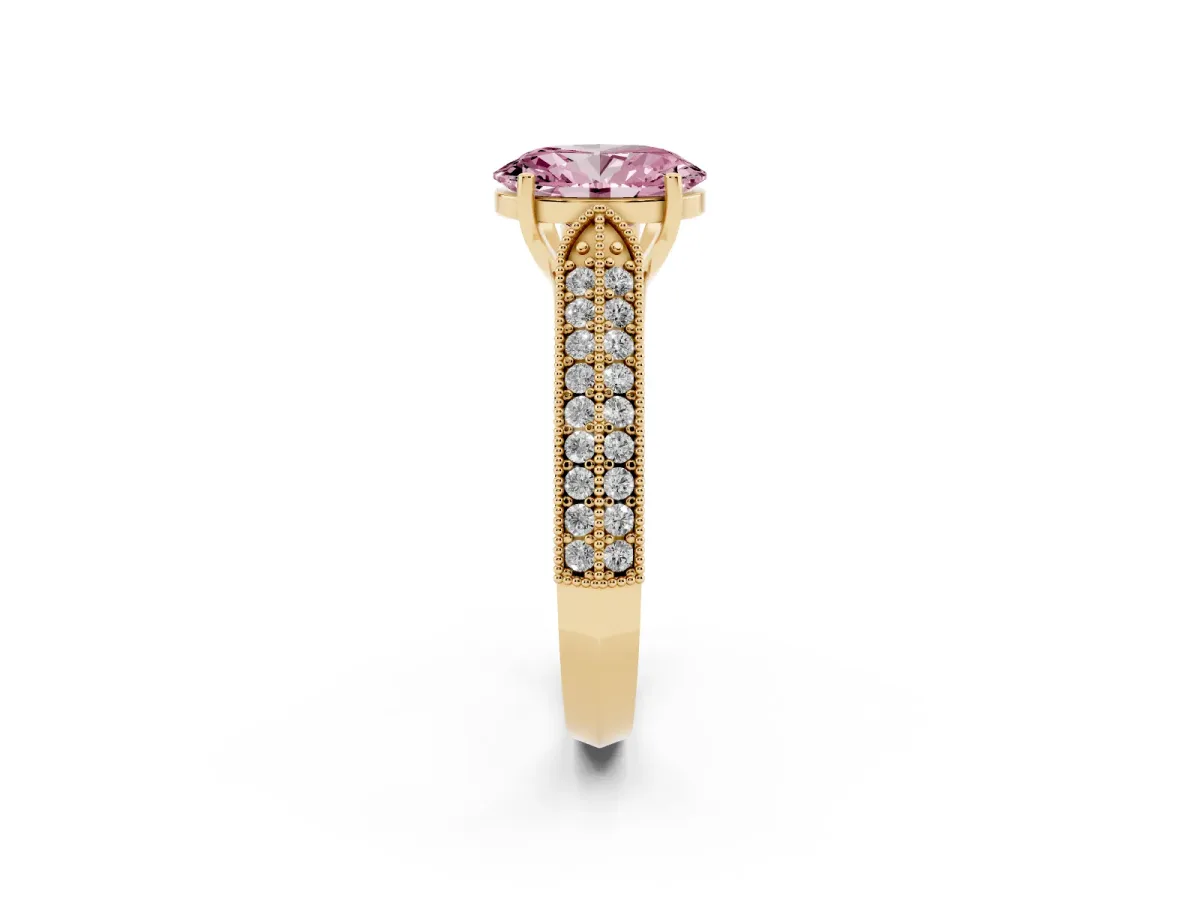 Fancy Pink Oval Cut Cut Pave Split Shank Engagement Ring with Four-Prong Setting Yellow gold