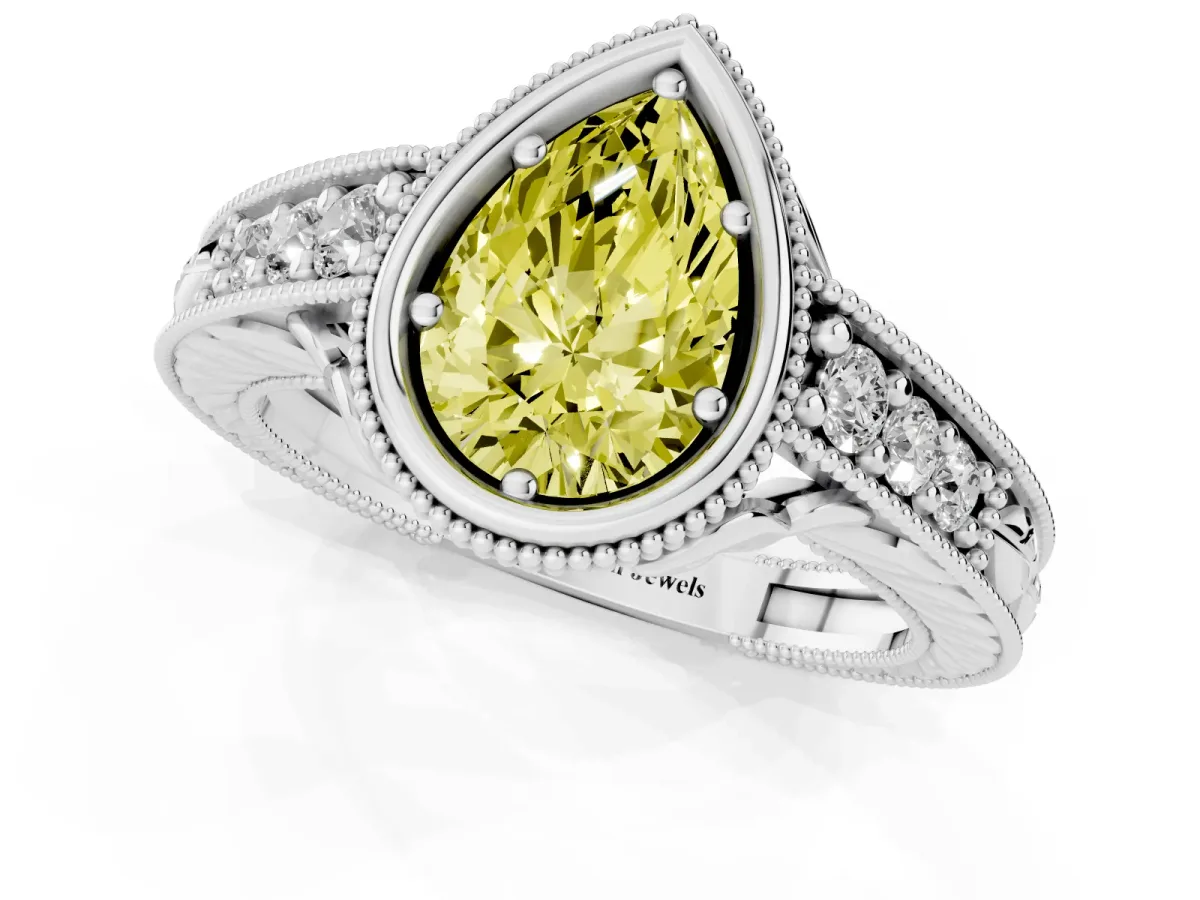 Fancy Yellow Bezel Set Pear Cut Diamond Milgrain Pave Engagement Ring Platinum