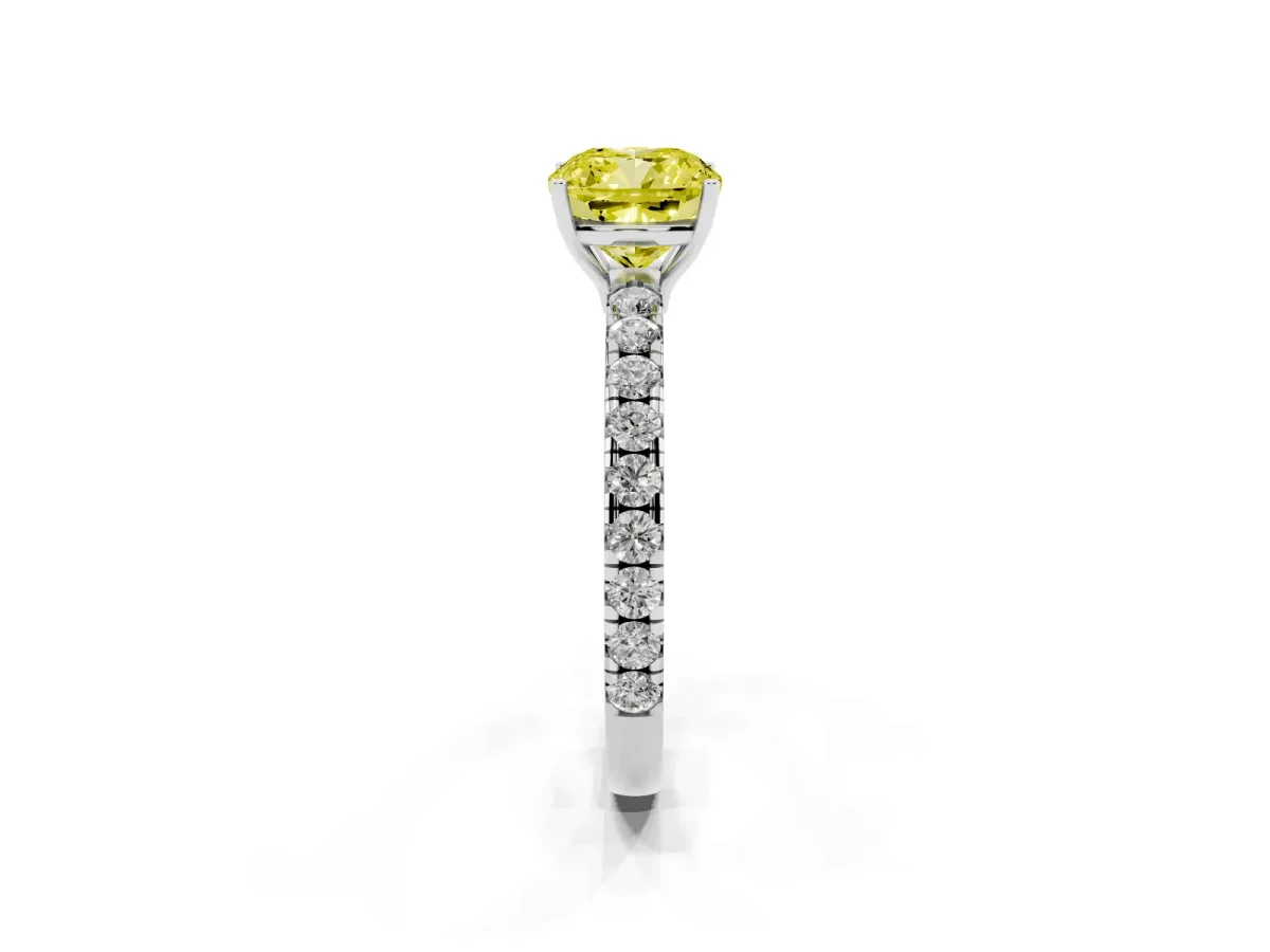 Fancy Yellow Cushion Cut Diamond Pavé Solitaire Engagement Ring with Four-Prong Setting Silver