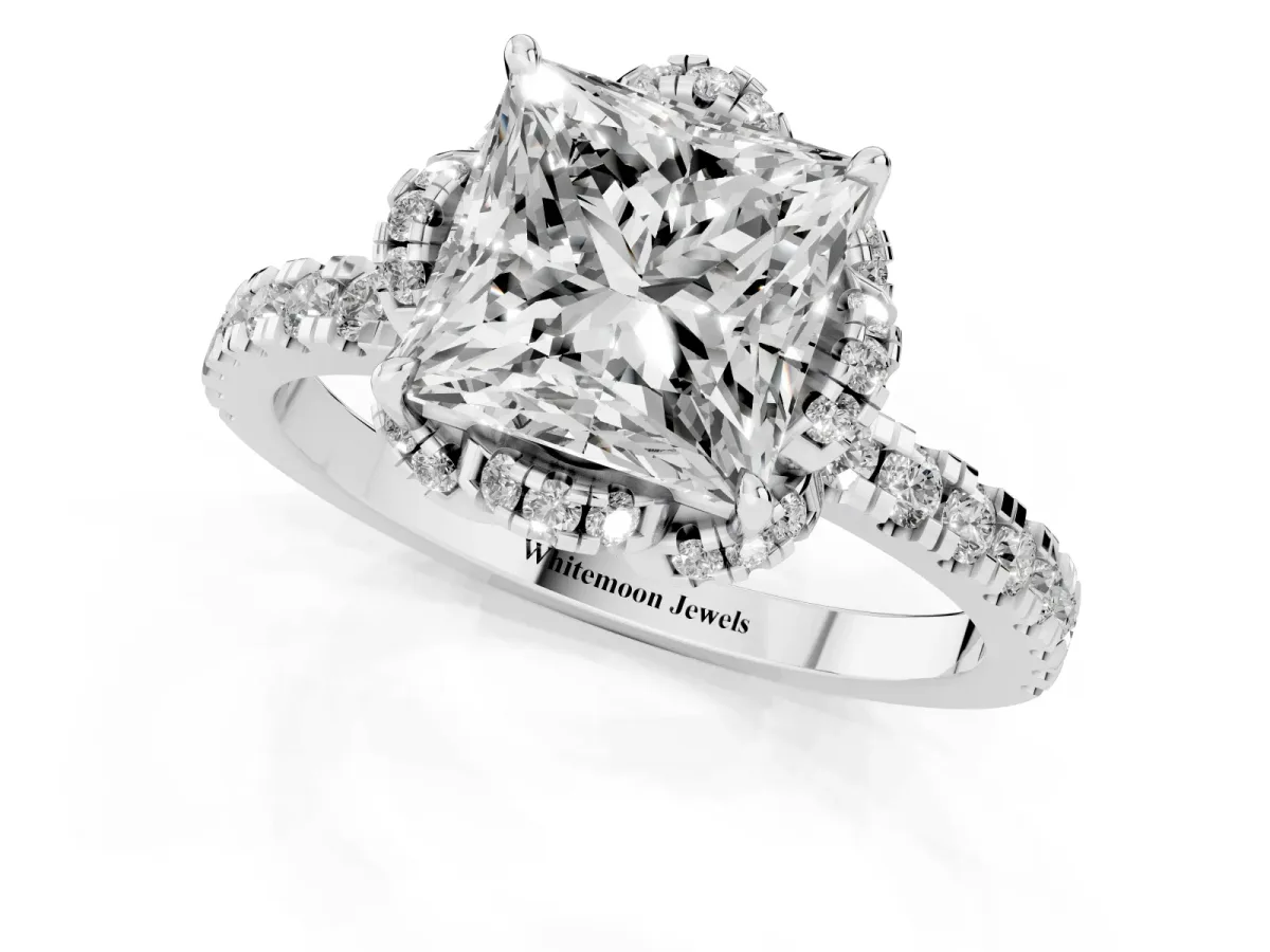 Princess Cut Diamond Halo Pave Band with Four-Prong Setting Silver