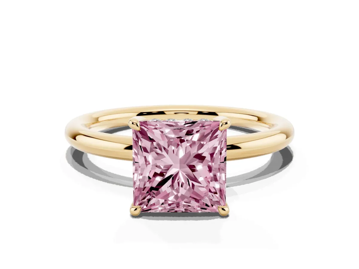 Fancy Pink Princess Cut Diamond Solitaire Ring with Thin Band and Four-Prong Setting Yellow gold
