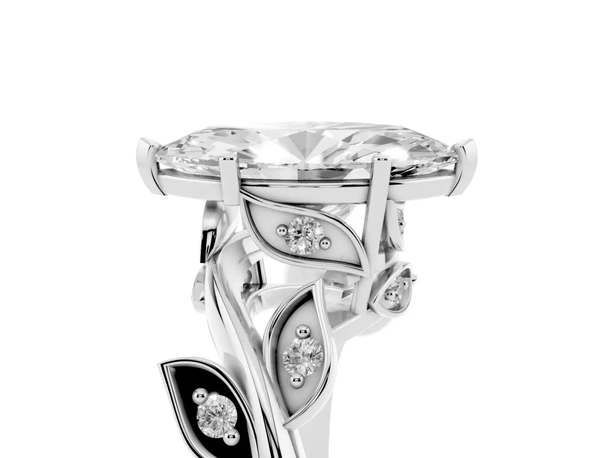 Marquise Cut Solitaire Twist Engagement Ring with Leaf Accents and Prong Setting Platinum