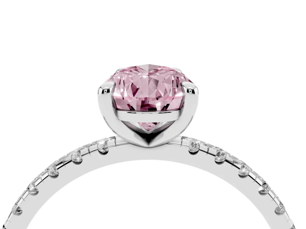 Fancy Pink Pear Cut Diamond Brilliant Solitaire Ring with Pavé Band and Four-Prong Setting Platinum